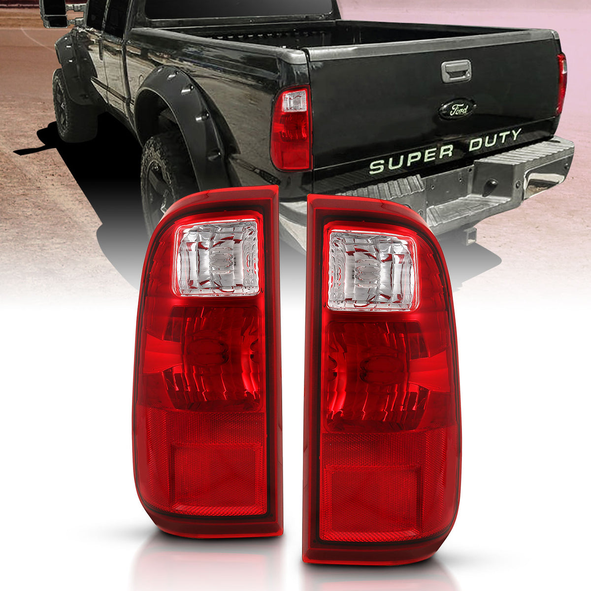 Tail Light Set Chrome Housing Red/Clear Lens Pair Ford F-250 Super Duty/F-350/F-450 Super Duty 2008-2016 AnzoUSA