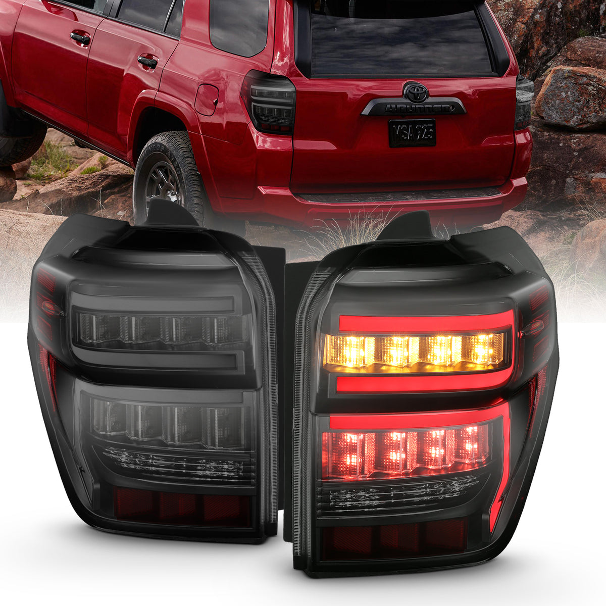 Tail Light Set LED Black Housing Smoke Lens Sequential Pair Toyota 4Runner 2014-2023 AnzoUSA