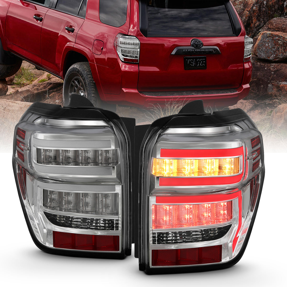 Tail Light Set LED Chrome Housing Clear Lens Sequential Pair Toyota 4Runner 2014-2023 AnzoUSA