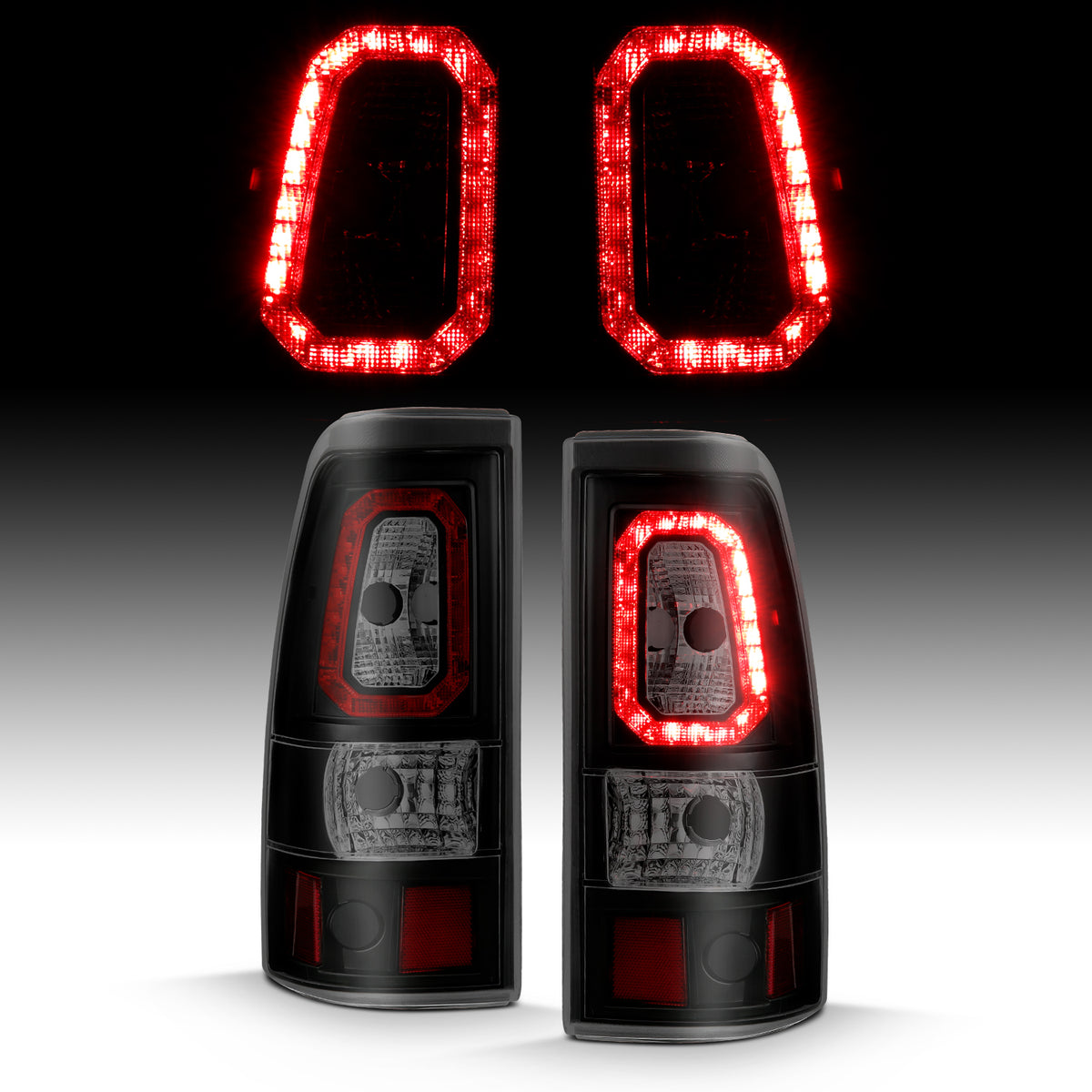 Tail Light Set LED Black Housing Smoke Lens Pair Chevrolet Silverado 1500/2500 1999-2002, 1500 HD/2500 HD 2001-2002, 3500 2001-2003, GMC Sierra 1500 1999-2007, 1500 HD/2500 HD/3500 2001-2007, 2500 1999-2004 AnzoUSA-1