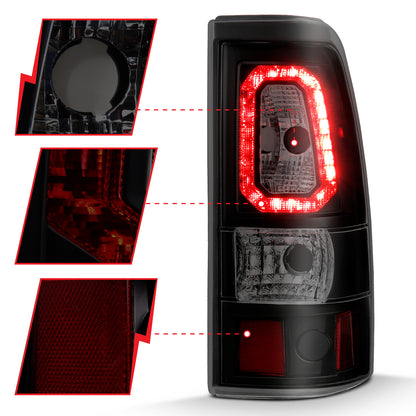 Tail Light Set LED Black Housing Smoke Lens Pair Chevrolet Silverado 1500/2500 1999-2002, 1500 HD/2500 HD 2001-2002, 3500 2001-2003, GMC Sierra 1500 1999-2007, 1500 HD/2500 HD/3500 2001-2007, 2500 1999-2004 AnzoUSA-2