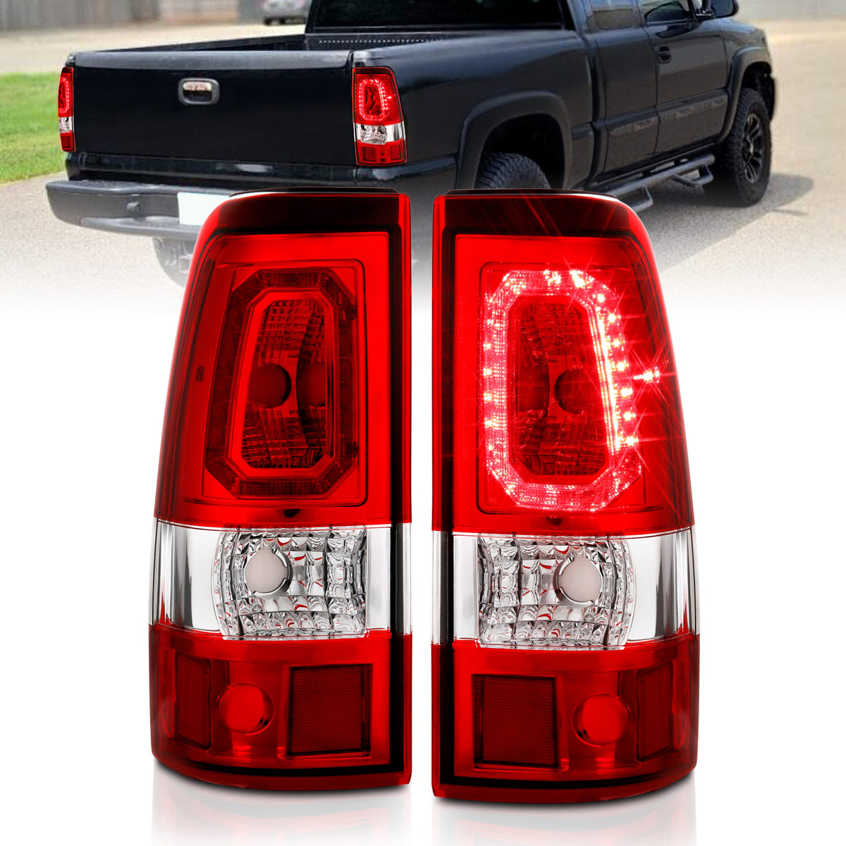 Tail Light Set LED Chrome Housing Red Lens Pair Chevrolet Silverado 1500/1500 HD/2500 HD/3500 2003-2007, 2500 2003-2006 AnzoUSA