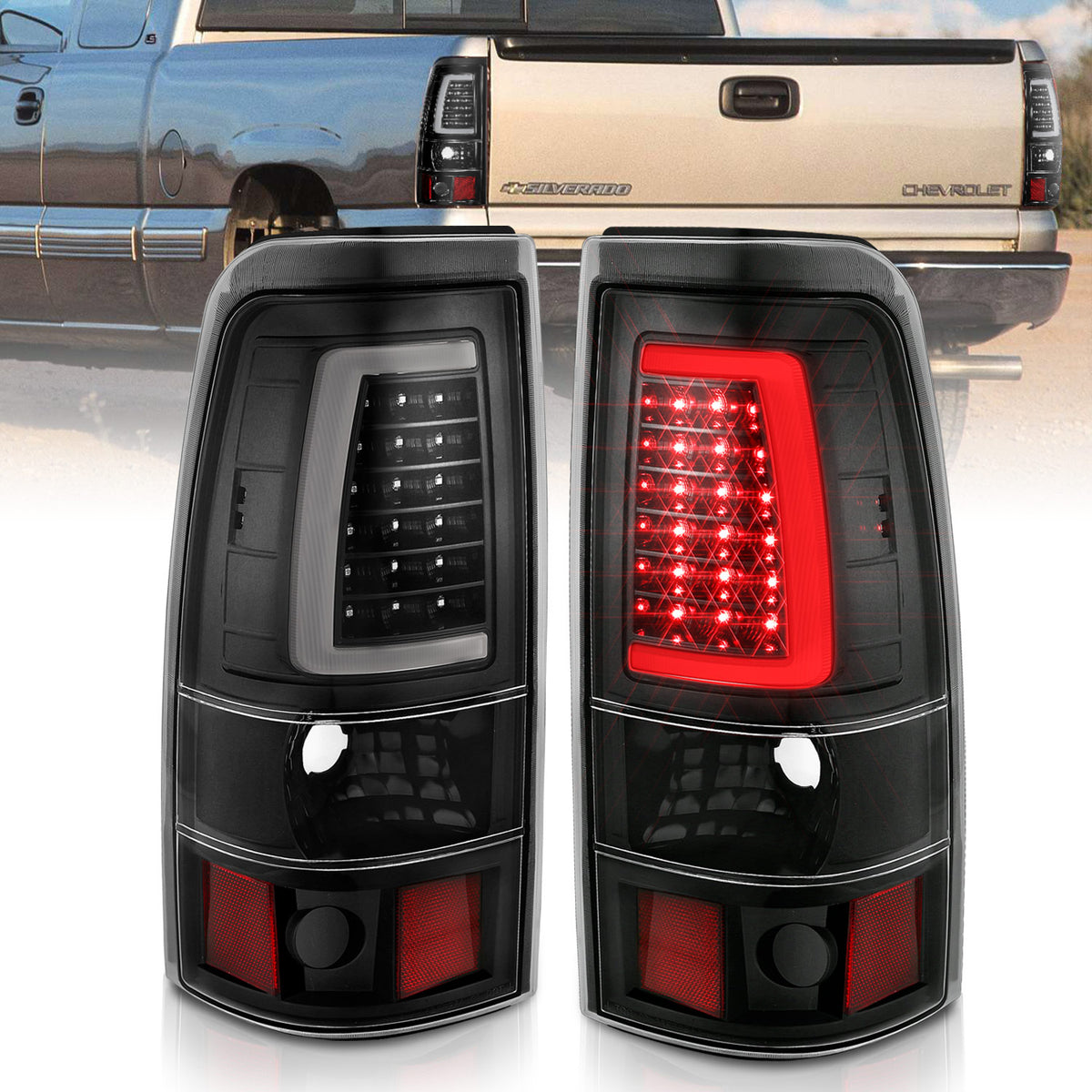 Tail Light Set LED Black Housing Clear Lens Pair Chevrolet Silverado 1500/2500 1999-2002, 1500 HD/2500 HD 2001-2002, 3500 2001-2003, GMC Sierra 1500 1999-2007, 1500 HD/2500 HD/3500 2001-2006, 2500 1999-2004 AnzoUSA