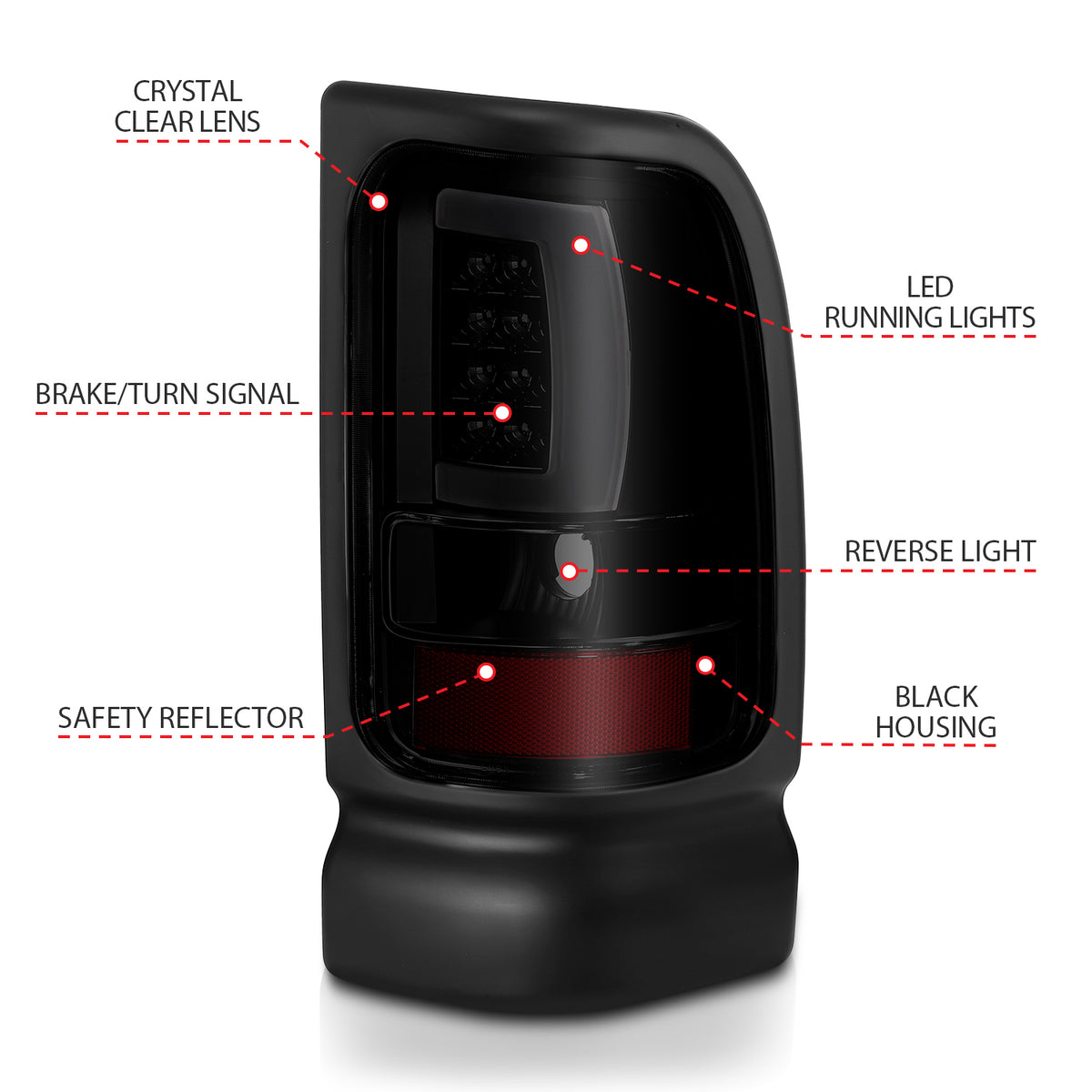 Tail Light Set LED Black Housing Smoke Lens Pair Dodge Ram 1500 1994-2001, 2500/3500 1994-2002 AnzoUSA-3