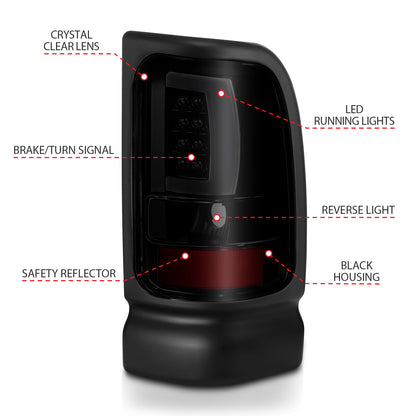 Tail Light Set LED Black Housing Smoke Lens Pair Dodge Ram 1500 1994-2001, 2500/3500 1994-2002 AnzoUSA-3