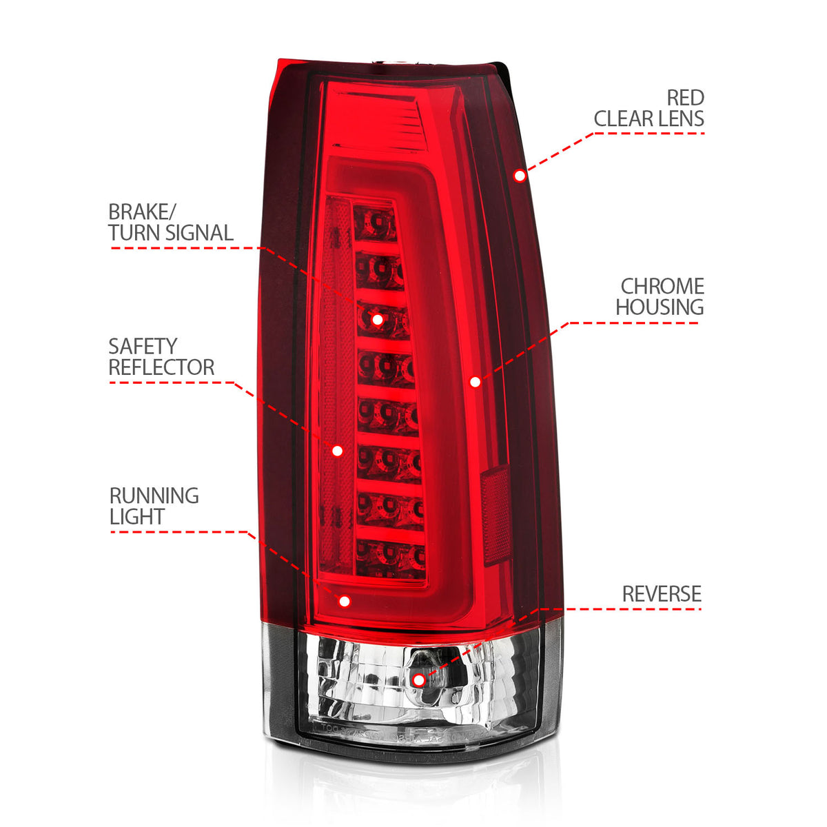 Tail Light Set LED Chrome Housing Red/Clear Lens Pair Escalade 1999-2000, Chevrolet Blazer/Suburban 1992-1994, C1500 1988-2001, C2500/C3500/K2500/K3500 1988-2000, Chevrolet K1500 1988-1999, Tahoe/Yukon 1992-2000, GMC C1500/K1500 1988-1999 AnzoUSA-3