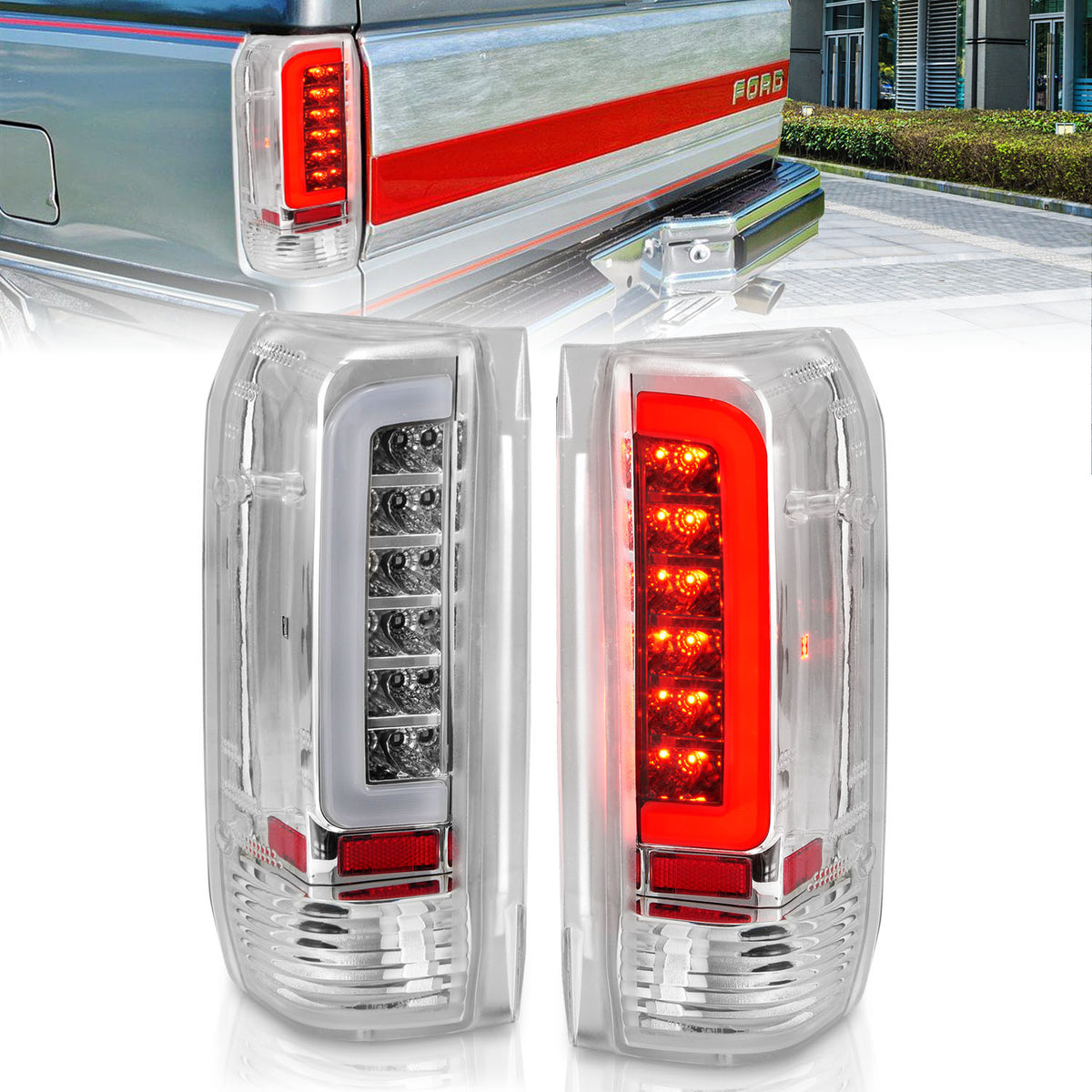 Tail Light Set LED Chrome Housing Clear Lens Pair Ford Bronco 1988-1996, Ford F-150/F-250 1987-1996, Ford F-350 1987-1998 AnzoUSA