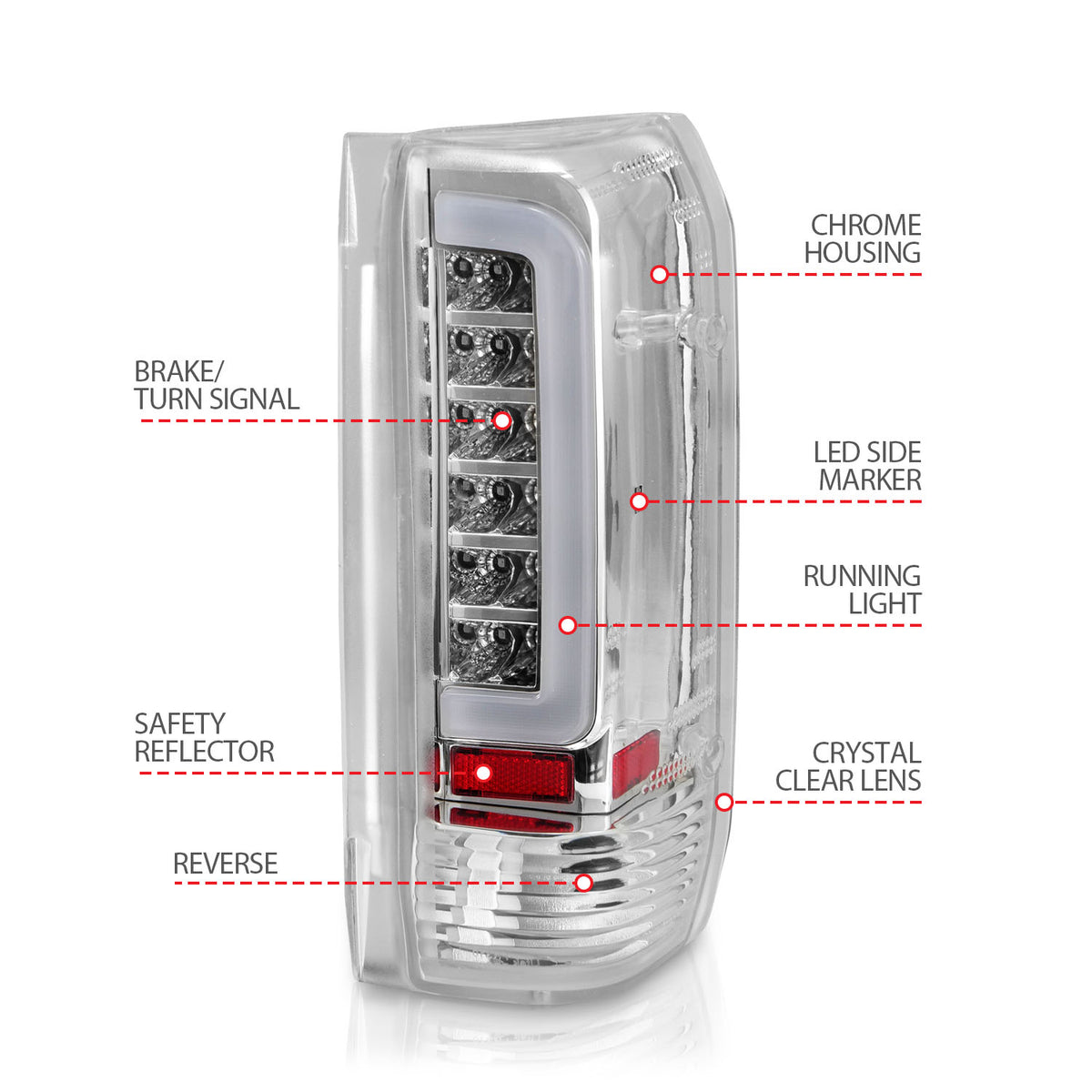 Tail Light Set LED Chrome Housing Clear Lens Pair Ford Bronco 1988-1996, Ford F-150/F-250 1987-1996, Ford F-350 1987-1998 AnzoUSA-3