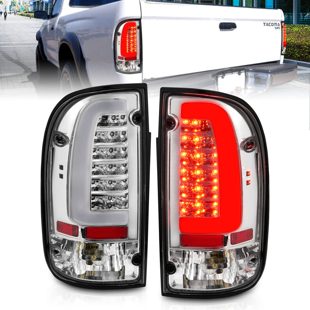 Tail Light Set Clear Lens Pair LED Chrome Housing Toyota Tacoma 1995-2000 AnzoUSA