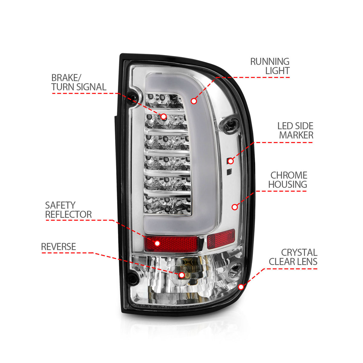 Tail Light Set Clear Lens Pair LED Chrome Housing Toyota Tacoma 1995-2000 AnzoUSA-3