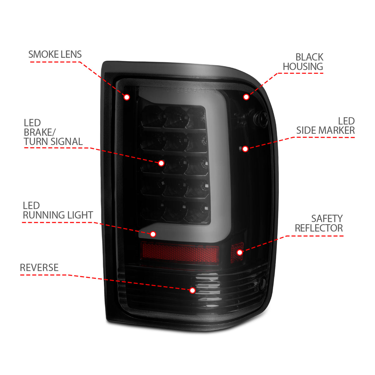 Tail Light Set LED Black Housing Smoke Lens Pair Ford F-100 Ranger 1996-1997, Ford Ranger 1993-1997 AnzoUSA-3