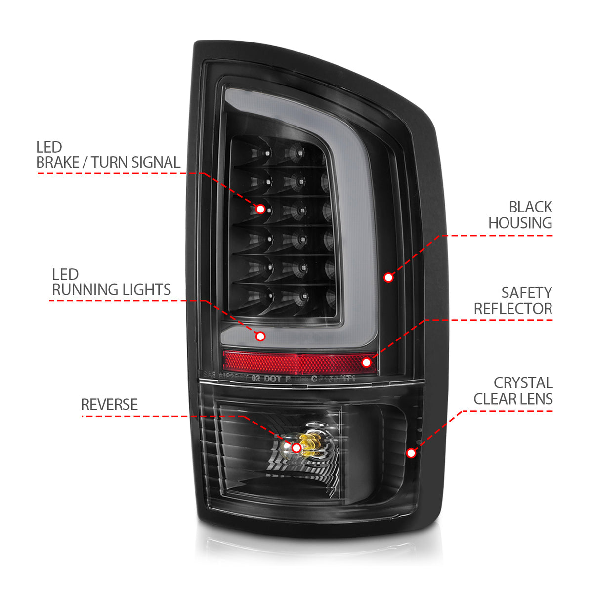 Tail Light Set LED Black Housing Clear Lens Pair Dodge Ram 1500 2002-2006, 2500/3500 2003-2006 AnzoUSA-3