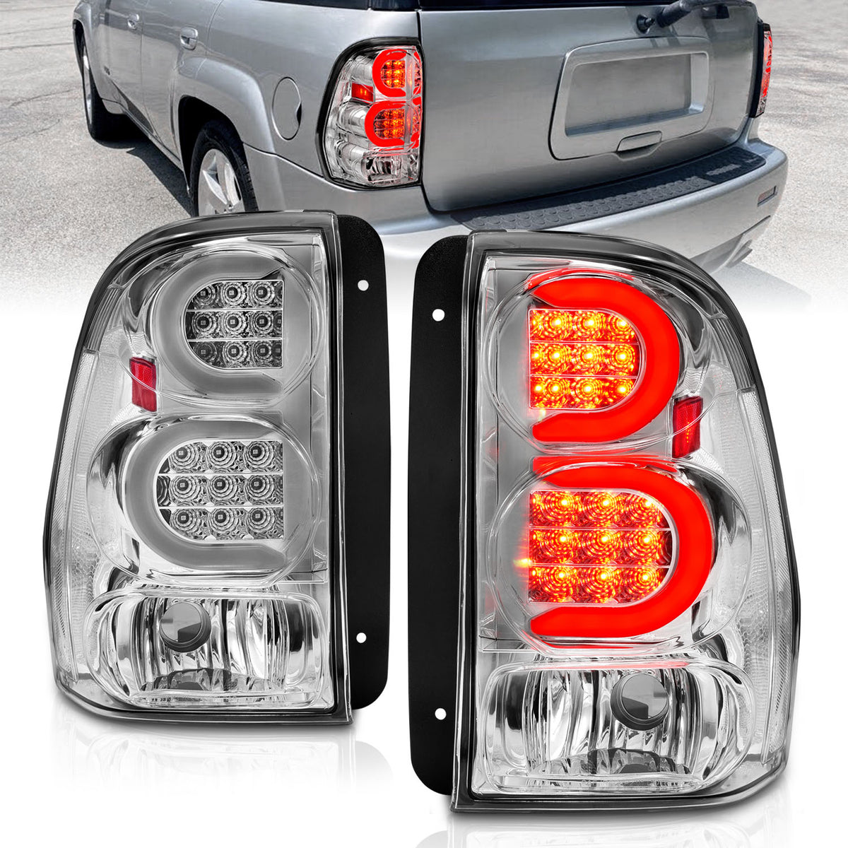 Tail Light Set LED W/ Light Bar Style Chrome Housing Clear Lens Pair Chevrolet Trailblazer 2002-2009, Chevrolet Trailblazer EXT 2002-2006 AnzoUSA