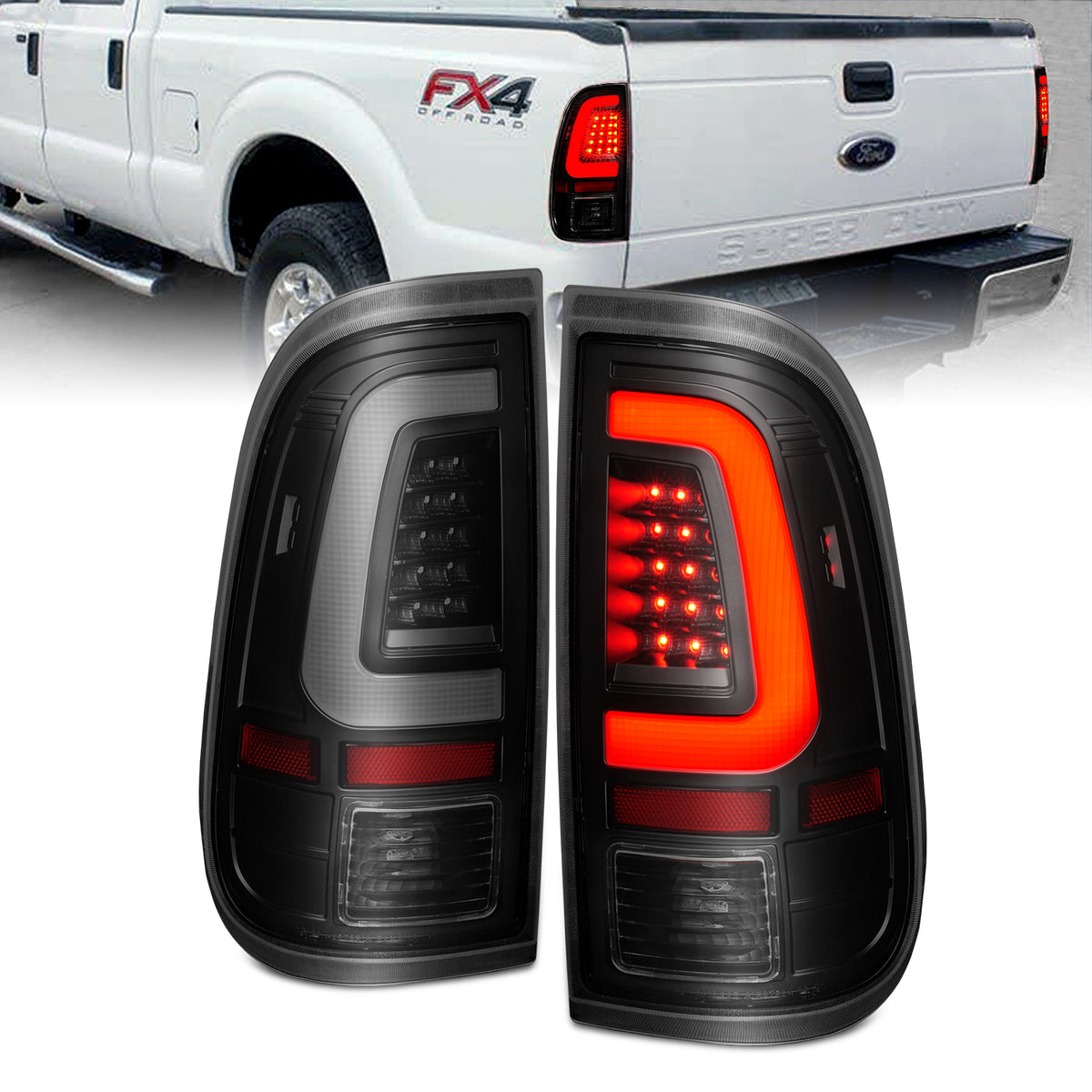 Tail Light Set LED W/ Light Bar Style Black Housing Smoke Lens Pair Ford F-250 Super Duty/F-350/F-450/F-550 Super Duty 2008-2016 AnzoUSA