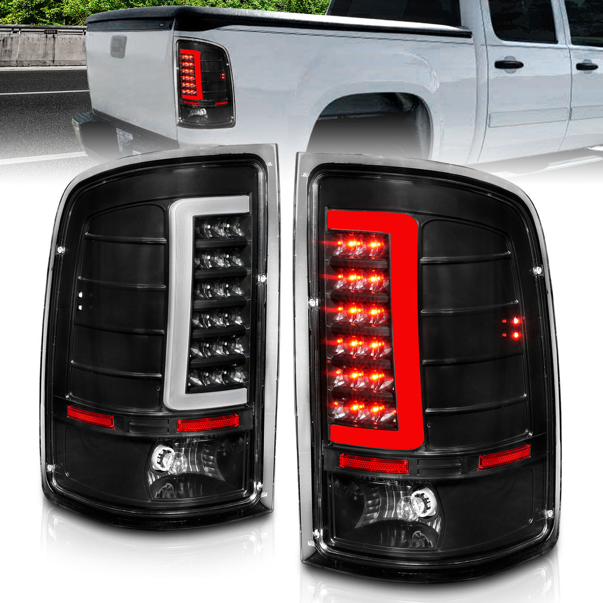 Tail Light Set Black Housing Clear Lens Pair LED W/ Light Bar Style GMC Sierra 1500/2500 HD/3500 HD 2007-2014, 1500 HD/3500 2007 AnzoUSA