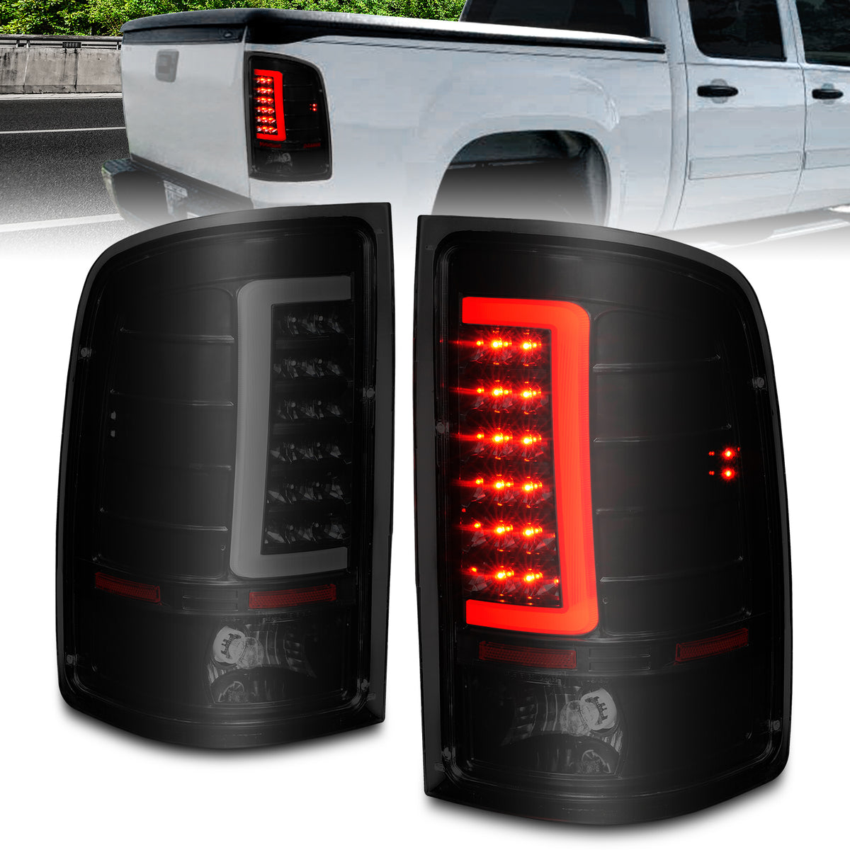 Tail Light Set LED W/ Light Bar Style Black Housing Smoke Lens Pair GMC Sierra 1500/2500 HD/3500 HD 2007-2014, 1500 HD/3500 2007 AnzoUSA