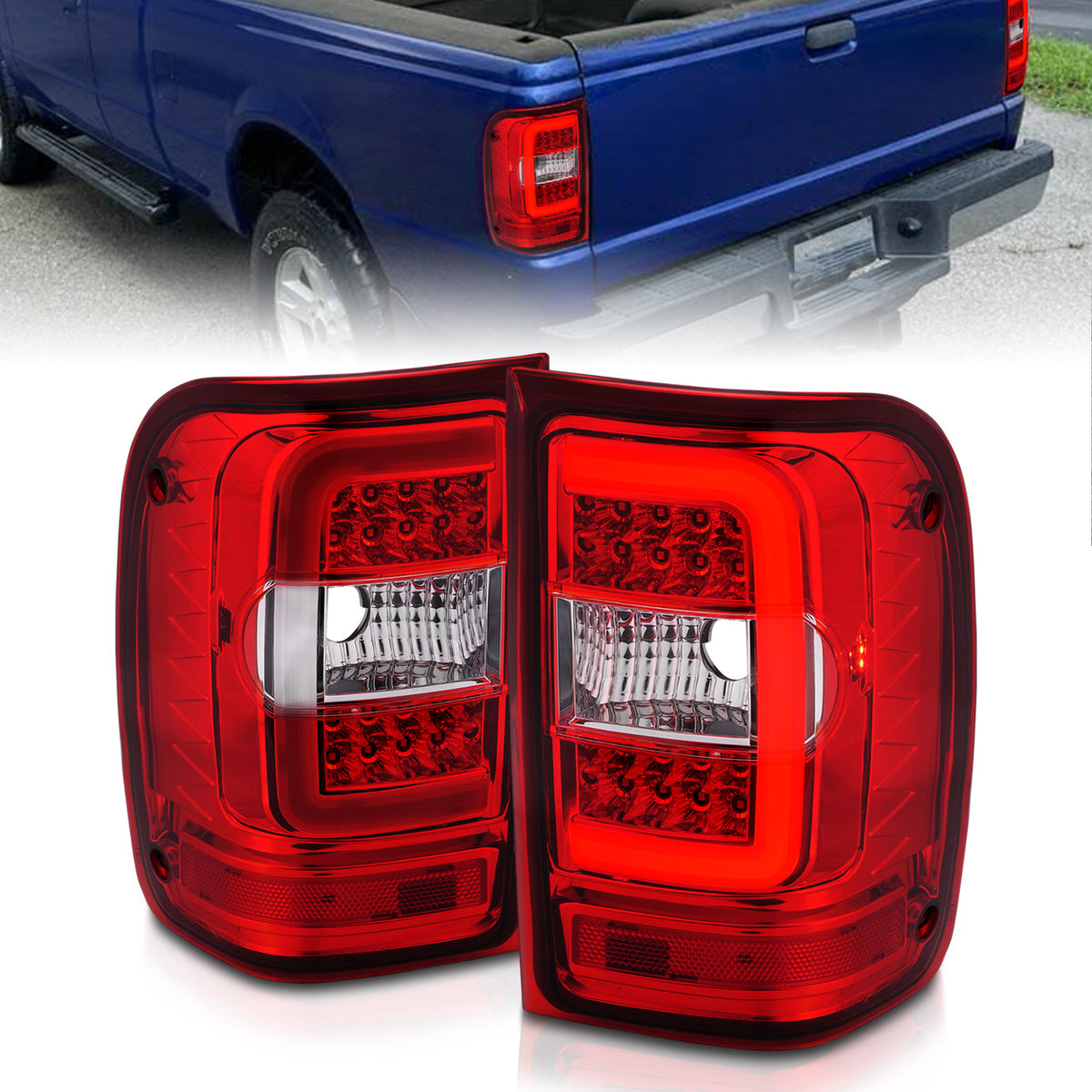 Tail Light Set LED W/ Light Bar Style Chrome Housing Red/Clear Lens Pair Ford Ranger 2001-2011 AnzoUSA