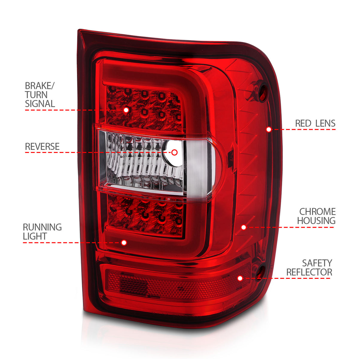 Tail Light Set LED W/ Light Bar Style Chrome Housing Red/Clear Lens Pair Ford Ranger 2001-2011 AnzoUSA-3
