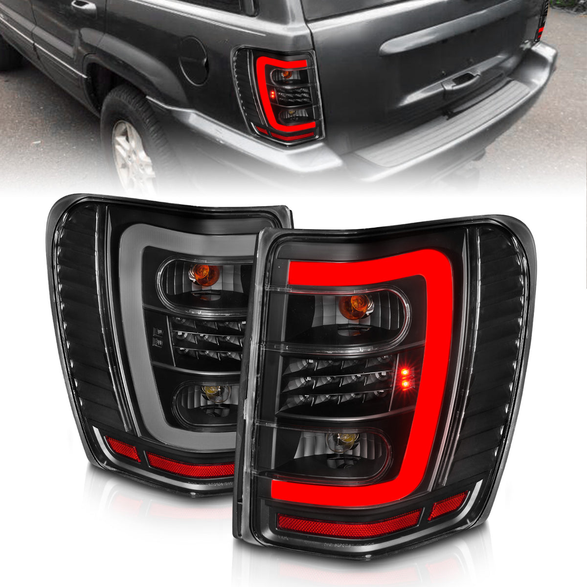 Tail Light Set LED W/ Light Bar Style Black Housing Clear Lens Pair Jeep Grand Cherokee 1999-2004 AnzoUSA