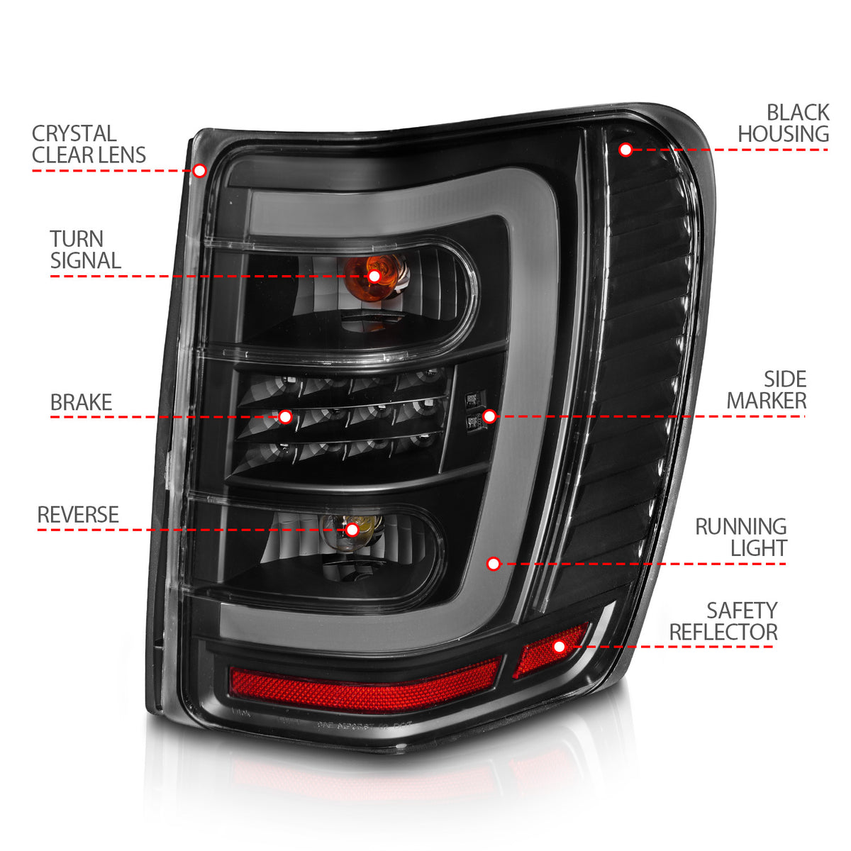 Tail Light Set LED W/ Light Bar Style Black Housing Clear Lens Pair Jeep Grand Cherokee 1999-2004 AnzoUSA-3