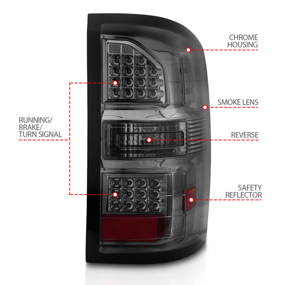 Tail Light Set LED Chrome Housing Smoke Lens Pair GMC Sierra 1500 2015-2018, 2500 HD/3500 HD 2014-2018 AnzoUSA-3