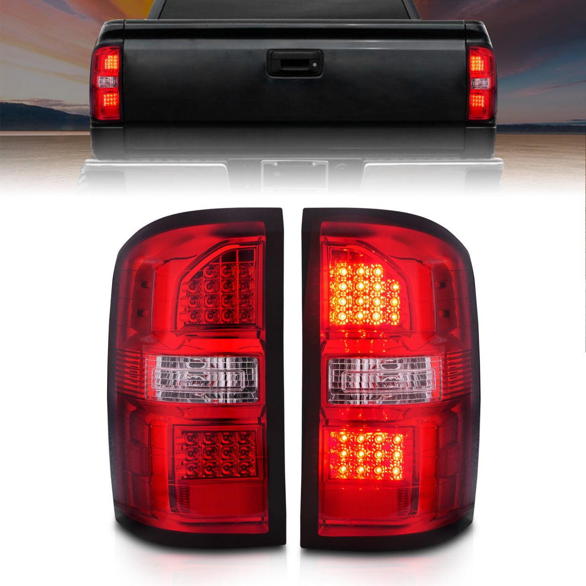 Tail Light Set LED Chrome Housing Red/Clear Lens Pair GMC Sierra 1500 2015-2018, 2500 HD/3500 HD 2014-2018 AnzoUSA