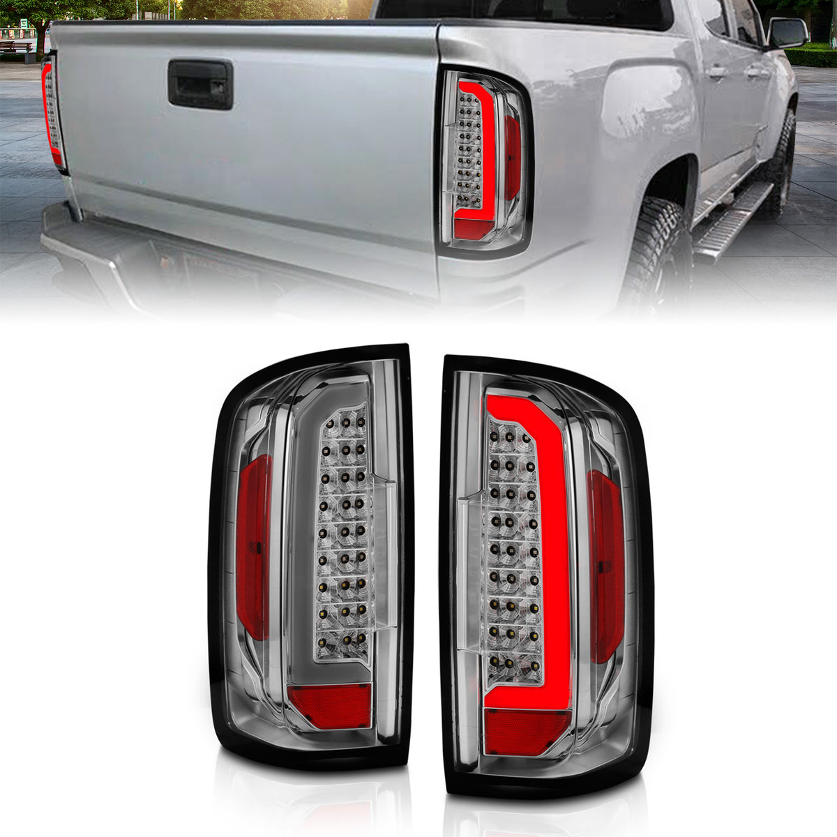 Tail Light Set LED W/ Light Bar Style Chrome Housing Clear Lens Pair GMC Canyon 2015-2021 AnzoUSA