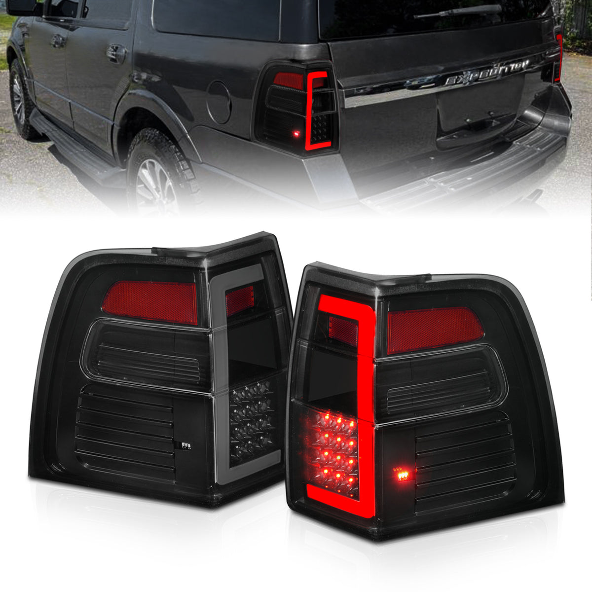 Tail Light Set LED W/ Light Bar Style Sequential Black Housing Smoke Lens Pair Ford Expedition 2007-2017 AnzoUSA