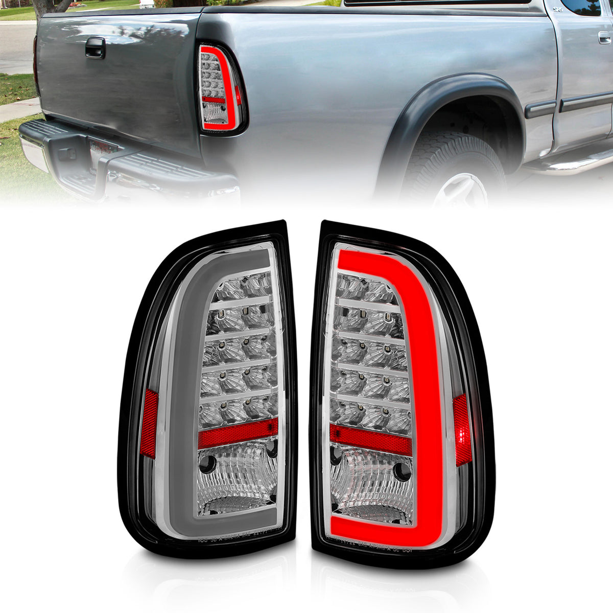 Tail Light Set Chrome Housing Clear Lens Pair LED W/ Light Bar Style Toyota Tundra 2000-2006 AnzoUSA