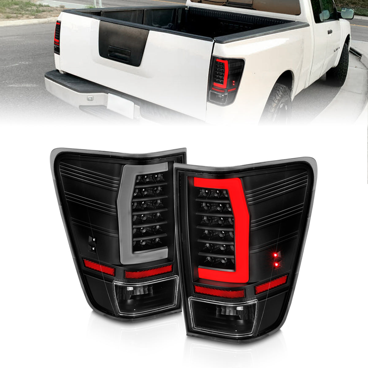 Tail Light Set W/ Light Bar Style Black Housing Clear Lens Pair LED Nissan TITAN 2004-2015 AnzoUSA