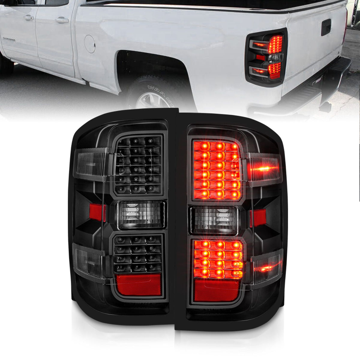 Tail Light Set LED Black Housing Clear Lens Pair Will Not Work On Factory LED Tail Light For Gmc Sierra Dually Models Chevrolet Silverado 1500 2014-2018, 2500 HD/3500 HD 2015-2019, GMC Sierra 3500 HD 2015-2019 AnzoUSA