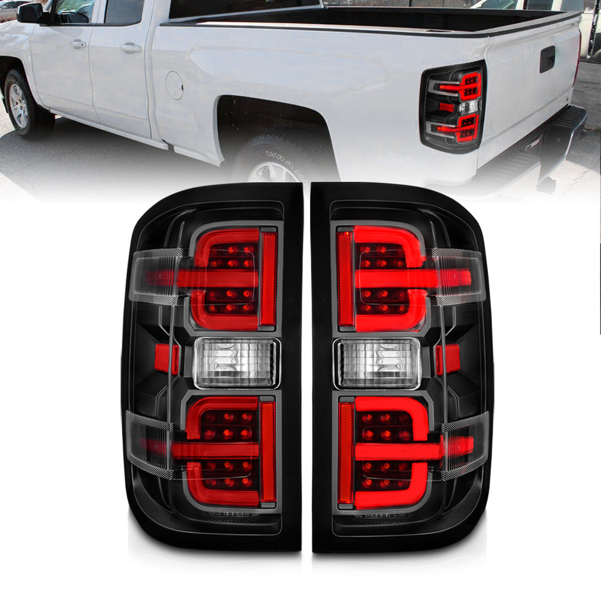 Tail Light Set LED W/ Light Bar Style Black Housing Clear Lens Pair Chevrolet Silverado 1500 2014-2018, 2500/3500 2015-2018, 2500 HD/3500 HD 2015-2019, GMC Sierra 3500 HD 2015-2019 AnzoUSA