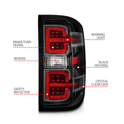 Tail Light Set LED W/ Light Bar Style Black Housing Clear Lens Pair Chevrolet Silverado 1500 2014-2018, 2500/3500 2015-2018, 2500 HD/3500 HD 2015-2019, GMC Sierra 3500 HD 2015-2019 AnzoUSA-3