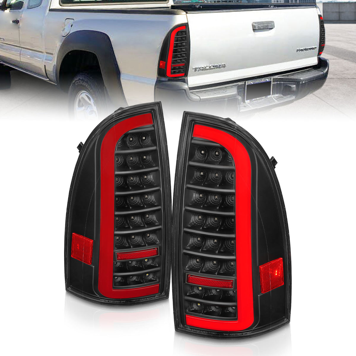 Tail Light Set LED W/ Light Bar Style Sequential Black Housing Clear Lens Pair Toyota Tacoma 2005-2015 AnzoUSA