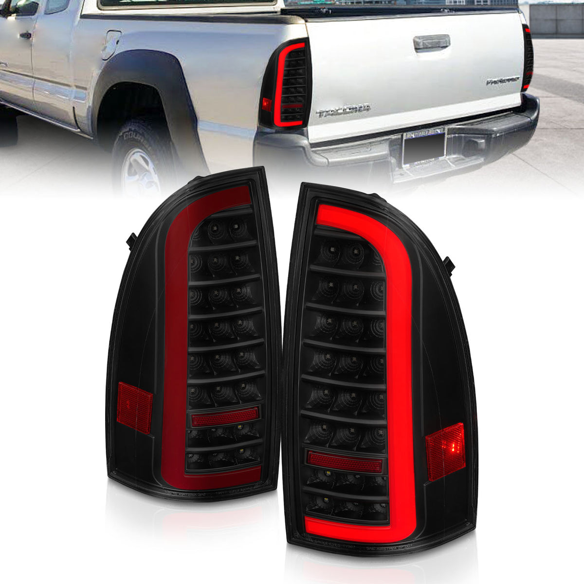 Tail Light Set LED W/ Light Bar Style Sequential Black Housing Smoke Lens Pair Toyota Tacoma 2005-2015 AnzoUSA