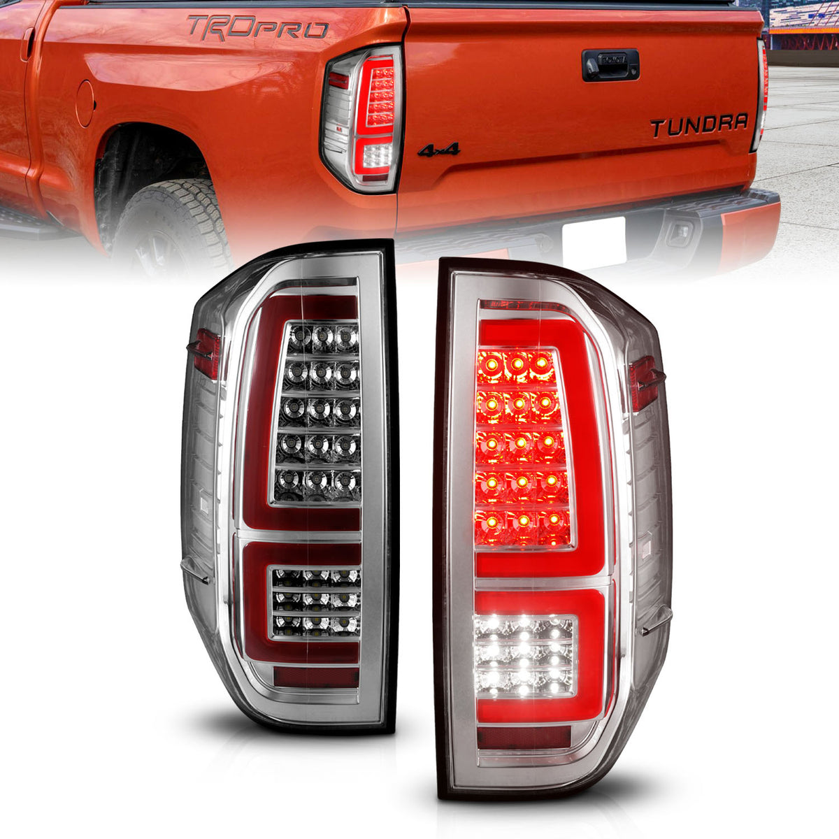 Tail Light Set LED W/ Red Light Bar Style Sequential Chrome Housing Clear Lens Pair Toyota Tundra 2014-2021 AnzoUSA