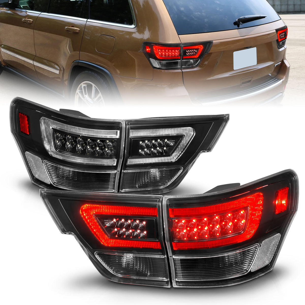 Tail Light Set LED W/ Light Bar Style Black Housing Clear Lens 4pcs Jeep Grand Cherokee 2011-2013 AnzoUSA