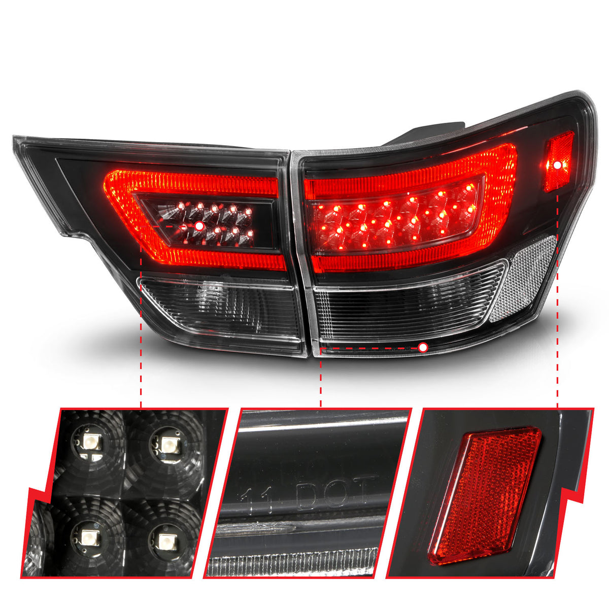 Tail Light Set LED W/ Light Bar Style Black Housing Clear Lens 4pcs Jeep Grand Cherokee 2011-2013 AnzoUSA-2