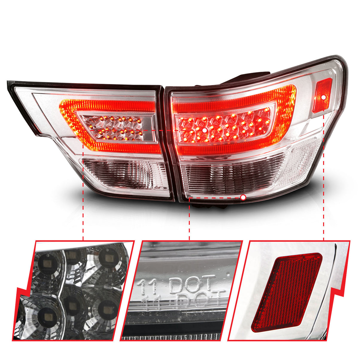 Tail Light Set LED W/ Light Bar Style Chrome Housing Clear Lens 4pcs Jeep Grand Cherokee 2011-2013 AnzoUSA-2