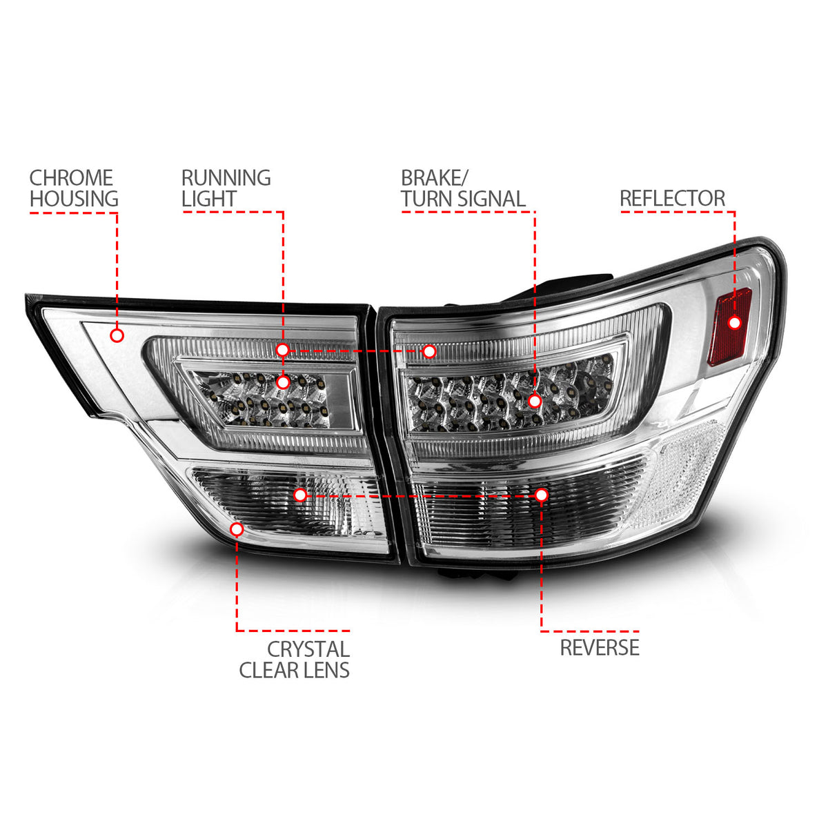 Tail Light Set LED W/ Light Bar Style Chrome Housing Clear Lens 4pcs Jeep Grand Cherokee 2011-2013 AnzoUSA-3