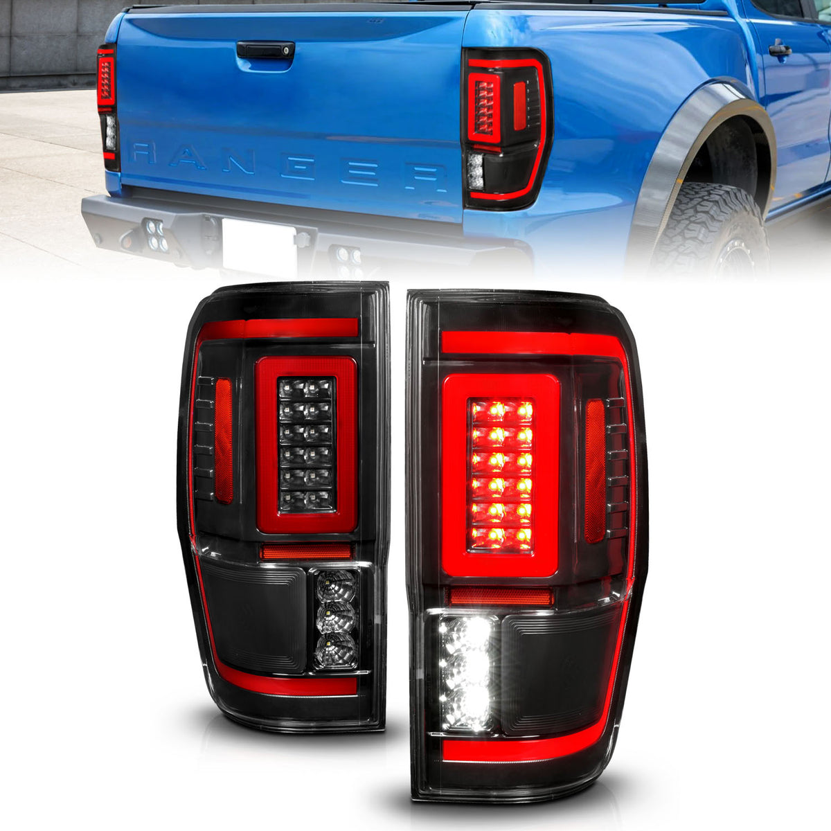 Tail Light Set Clear Lens Pair LED W/ Light Bar Style Sequential Black Housing Ford Ranger 2019-2023 AnzoUSA