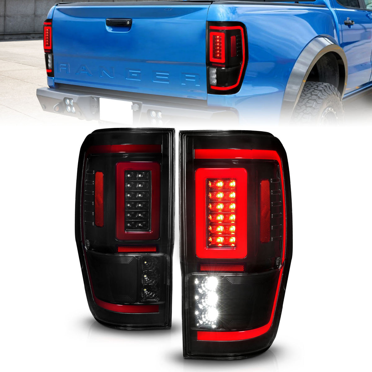 Tail Light Set Sequential Black Housing Smoke Lens Pair LED W/ Light Bar Style Ford Ranger 2019-2023 AnzoUSA