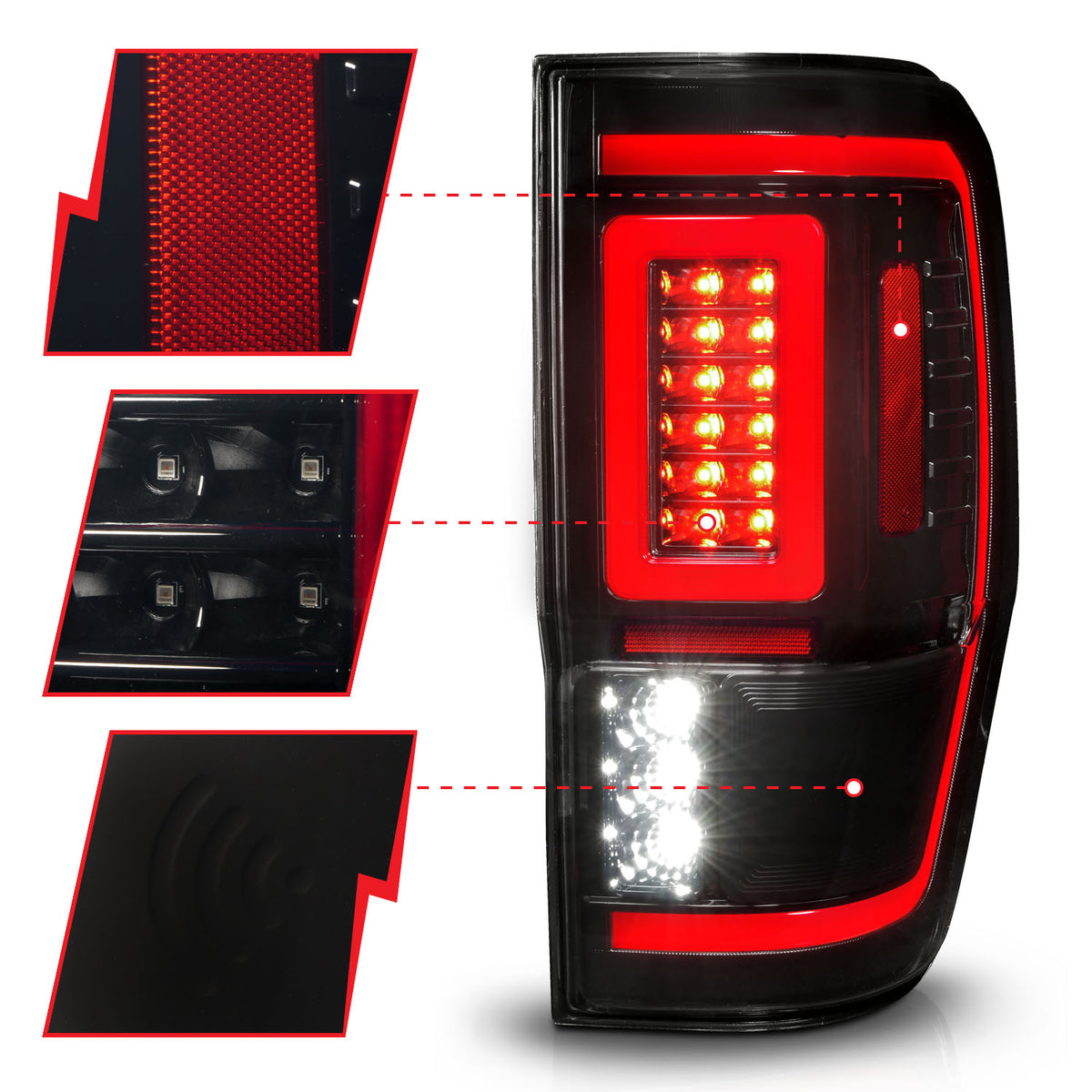 Tail Light Set Sequential Black Housing Smoke Lens Pair LED W/ Light Bar Style Ford Ranger 2019-2023 AnzoUSA-2