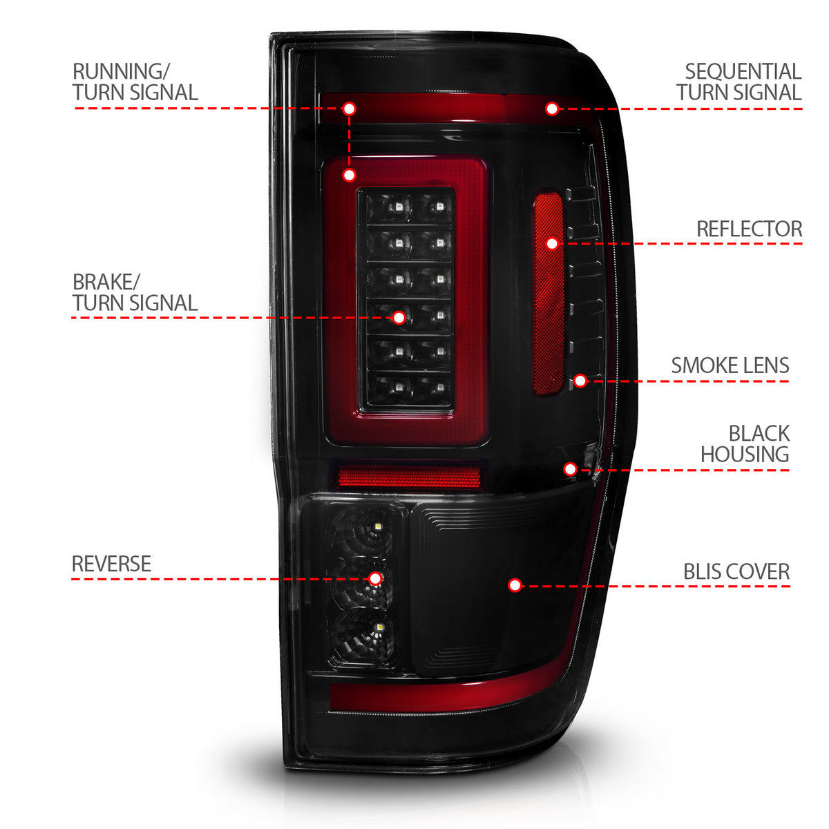 Tail Light Set Sequential Black Housing Smoke Lens Pair LED W/ Light Bar Style Ford Ranger 2019-2023 AnzoUSA-3