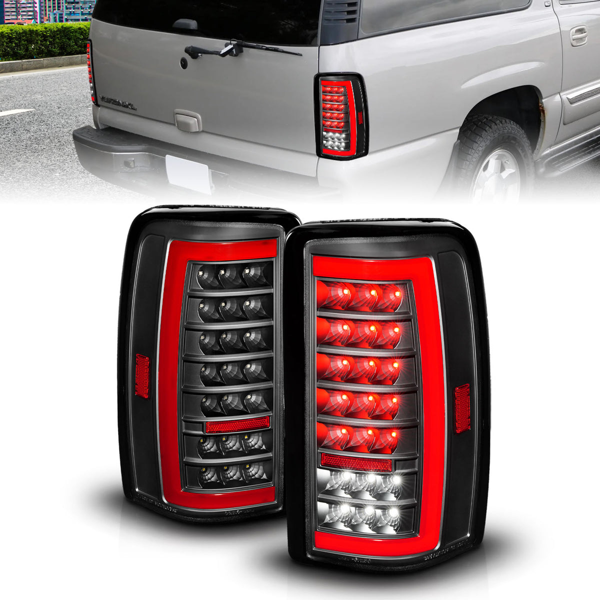 Tail Light Set LED W/ Light Bar Style Black Housing Clear Lens Pair Chevrolet Suburban 1500/2500/Tahoe 2000-2006, GMC Yukon/XL 1500/XL 2500 2000-2006 AnzoUSA