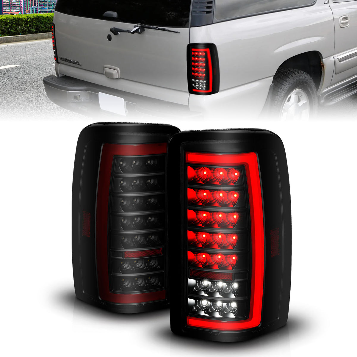Tail Light Set LED W/ Light Bar Style Black Housing Smoke Lens Pair Chevrolet Suburban 1500/2500/Tahoe 2000-2006, GMC Yukon/XL 1500/XL 2500 2000-2006 AnzoUSA