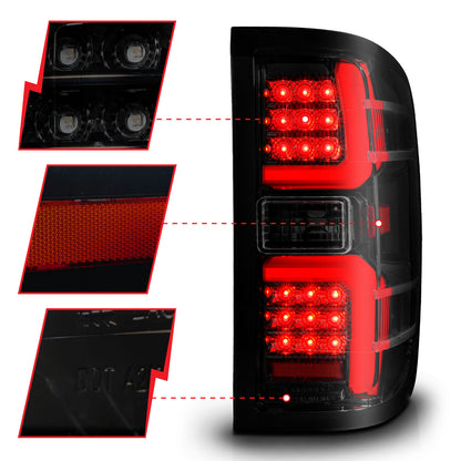 Tail Light Set LED W/ Light Bar Style Sequential Black Housing Smoke Lens Pair Chevrolet Silverado 1500 2014-2018, 2500 HD/3500 HD 2015-2019, GMC Sierra 3500 HD 2015-2019 AnzoUSA-2