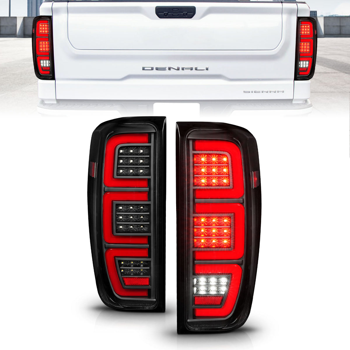 Tail Light Set Full LED Tube Sequential Signal Black Housing Clear Lens Pair GMC Sierra 1500 2019-2023, 2500 HD/3500 HD 2020-2023 AnzoUSA