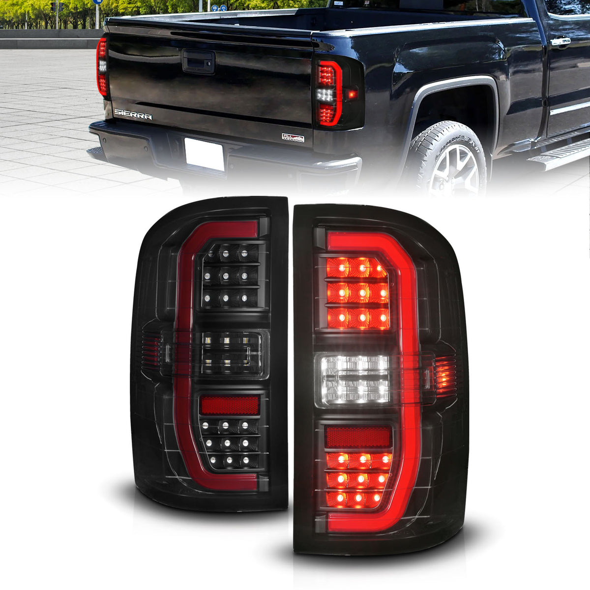 Tail Light Set LED Tube Sequential Signal Black Housing Smoke Lens Pair GMC Sierra 1500/2500 HD/3500 HD 2014-2019, 1500 Limited 2019 AnzoUSA