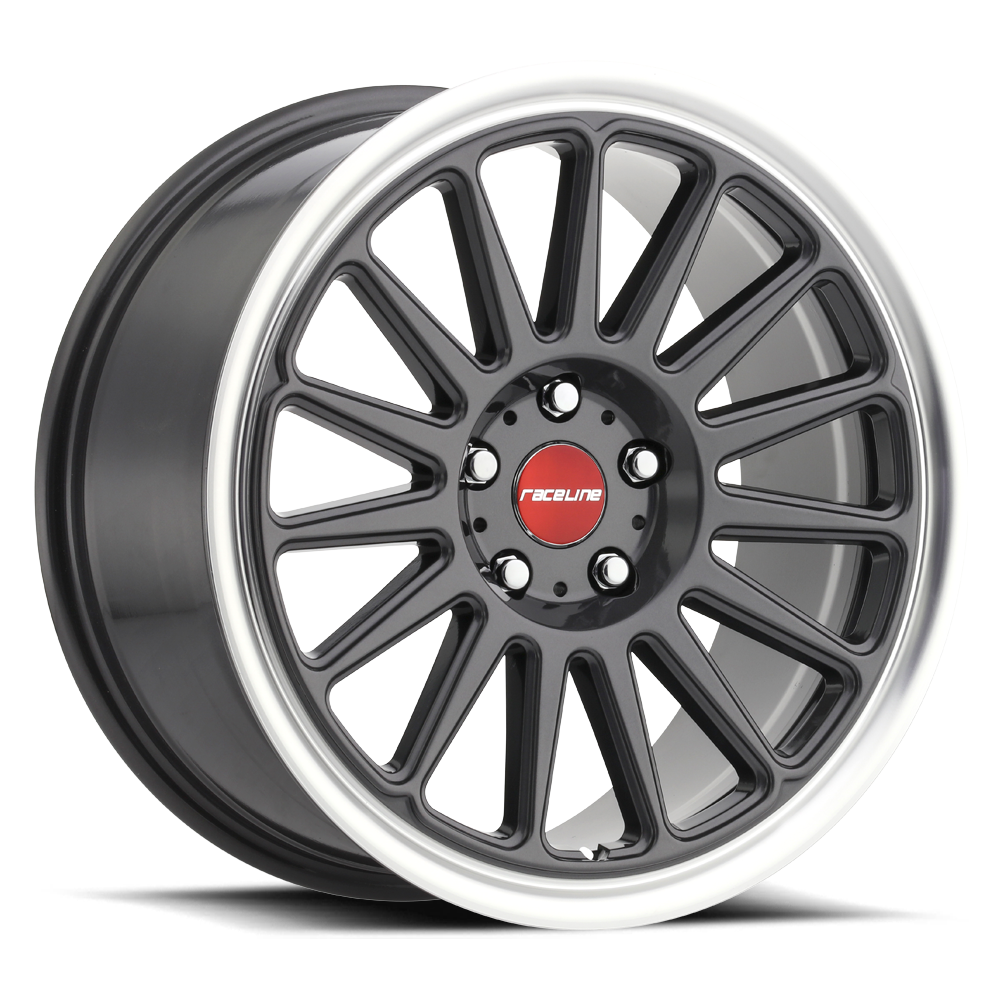 Raceline Wheels Aluminum Wheels 18x8.5 Grip 315G Gloss Gunmetal Grray Machined Lip-Red Logo Raceline Wheels